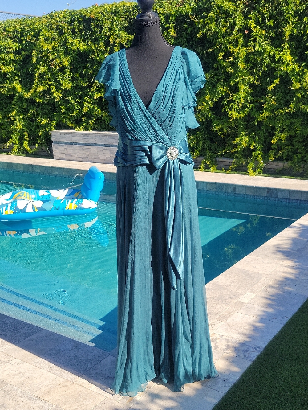 Tadashi Shoji Teal Chiffon Ruffled V-Neck Maxi Gown with Satin Sash **FLAWS**